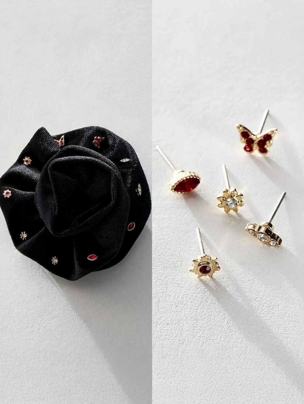 Free People Rosette Stud Earring Set Black Velvet Pin 5 Gold Pair Gem Pack NWT